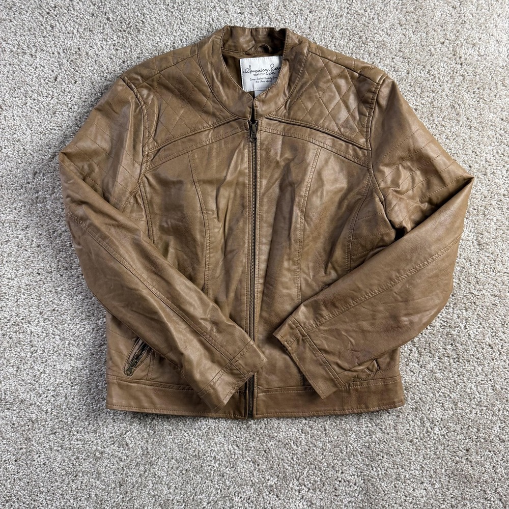American Rag Cie Jacket Juniors XL Brown Faux Leather Moto Zip Lined Short